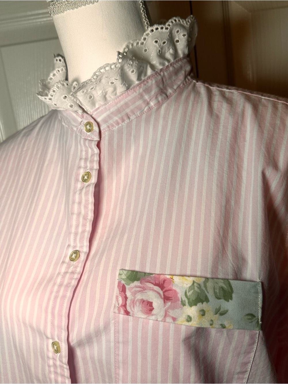 Pink Striped Ruffle Hem Button-Up Blouse - Picture 2 of 6